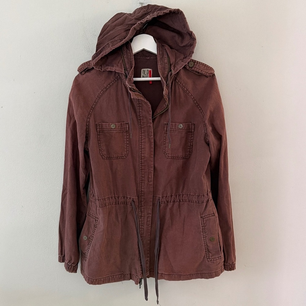 Y2K Old Navy Womens Brown Linen Blend Hooded Utility Field Jacket Medium RN54023